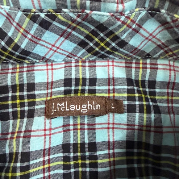 J.McLaughlin Mens L Plaid Button Down Shirt Blue Black Red Cotton Casual Preppy - Picture 2 of 9